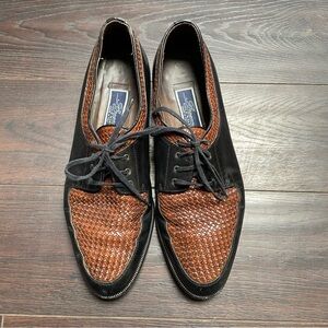Vintage Cole Haan Bragano Black Leather Oxfords with Brown Woven Toe